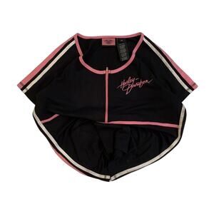 Harley Davidson T Shirt Women XL Black Good Pink Accent Zip Front Embroidered